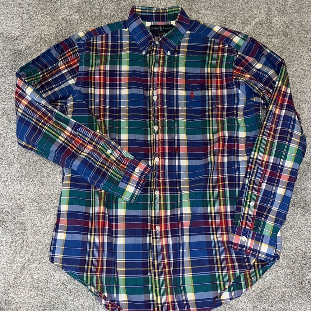 Rainbow Mens Polo by Ralph Lauren Cotton Plaid long sleeve red pony Shirt L